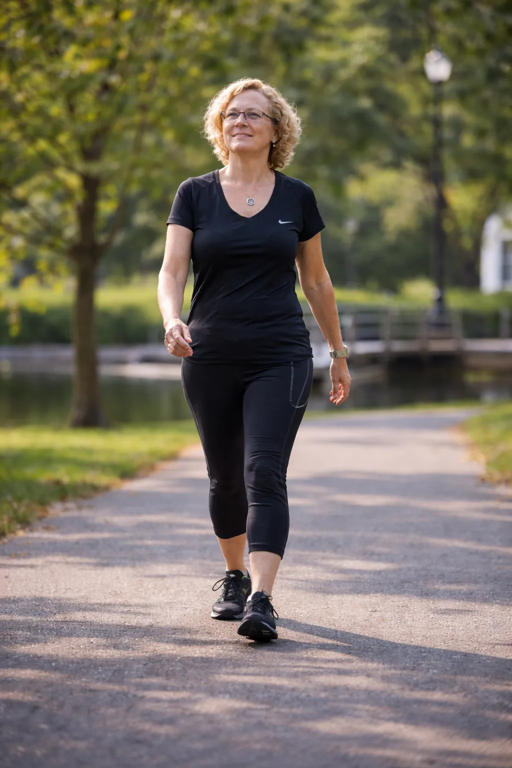 Confident woman walking through the park after transforming her fitness
